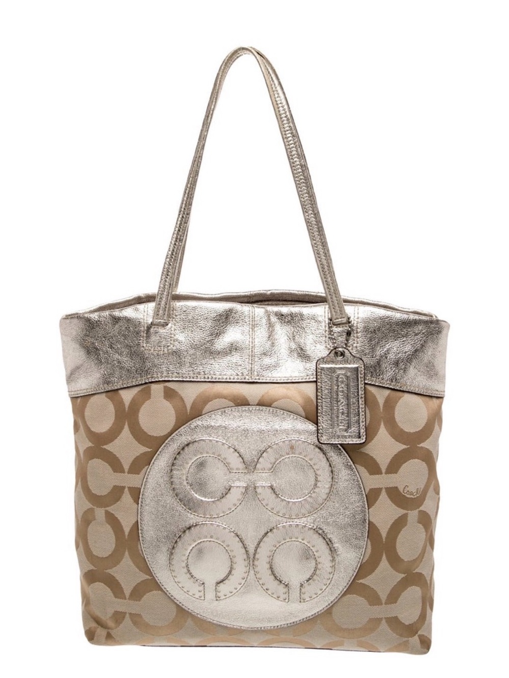 Coach Metallic Gold & Beige Signature Canvas Tote w metallic hang tag